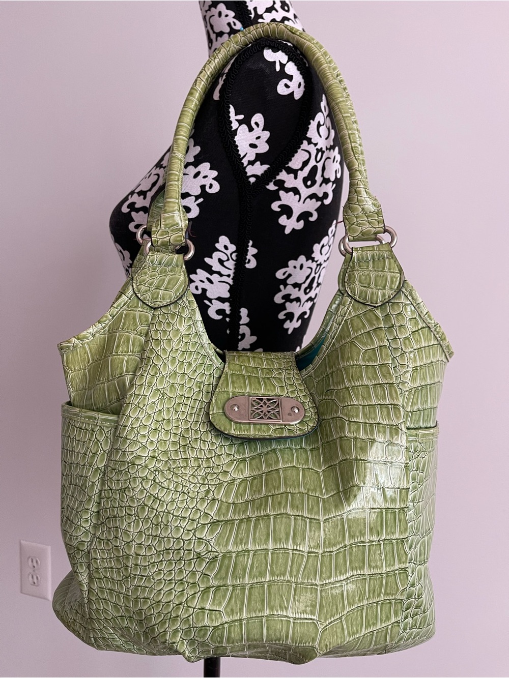 Women’s Lime Green Croc-Embossed Shoulder Bag